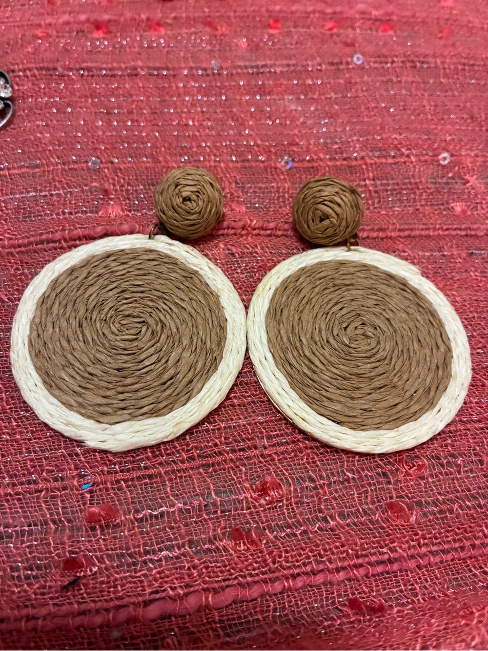 Woven Raffia Circle Drop Earrings in Brown and Cream
